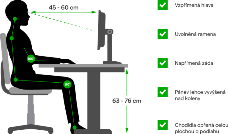 Správná výška monitoru při práci pomáhá udržet zdravé držení těla a snižuje napětí krční páteře