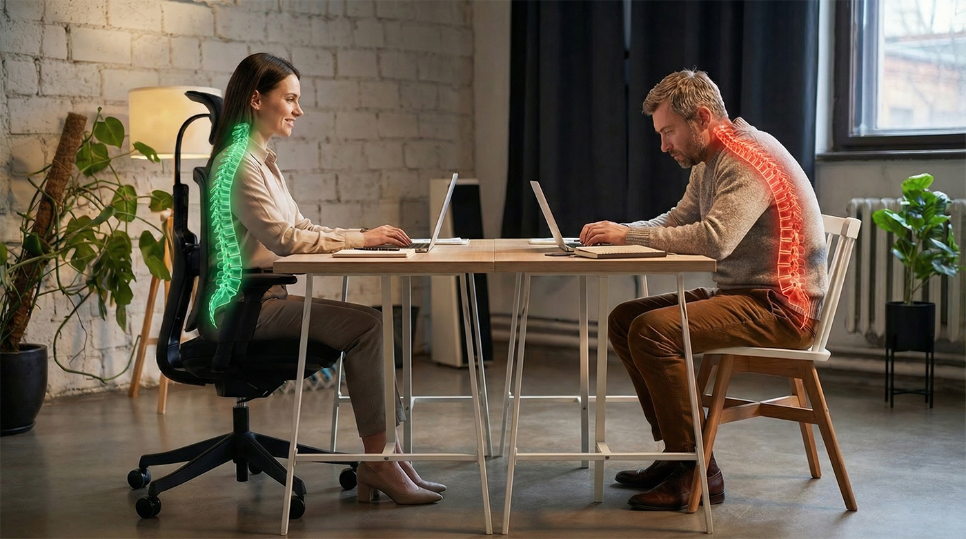 Jak správně sedět u počítače: srovnání ergonomická židle vs. obyčejná židle